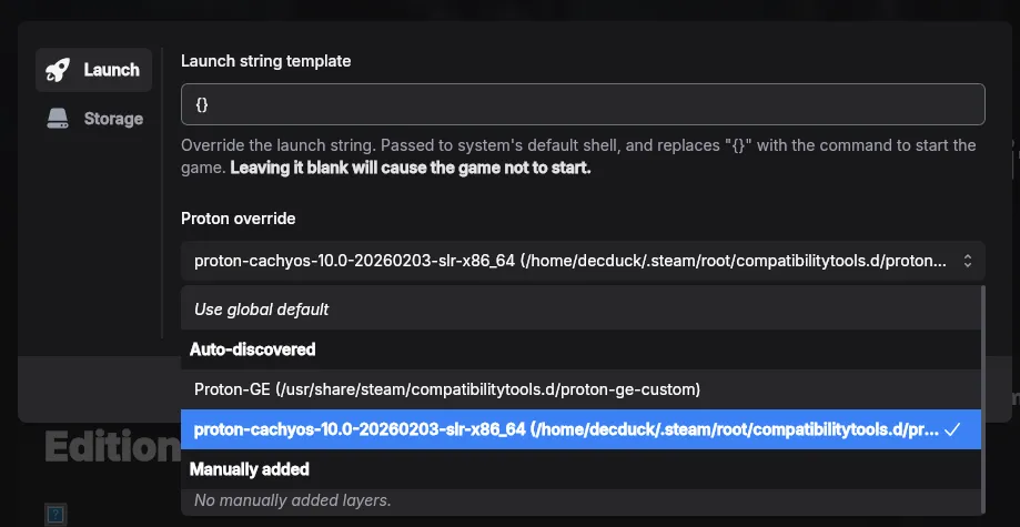 Screenshot showing how to override the proton version