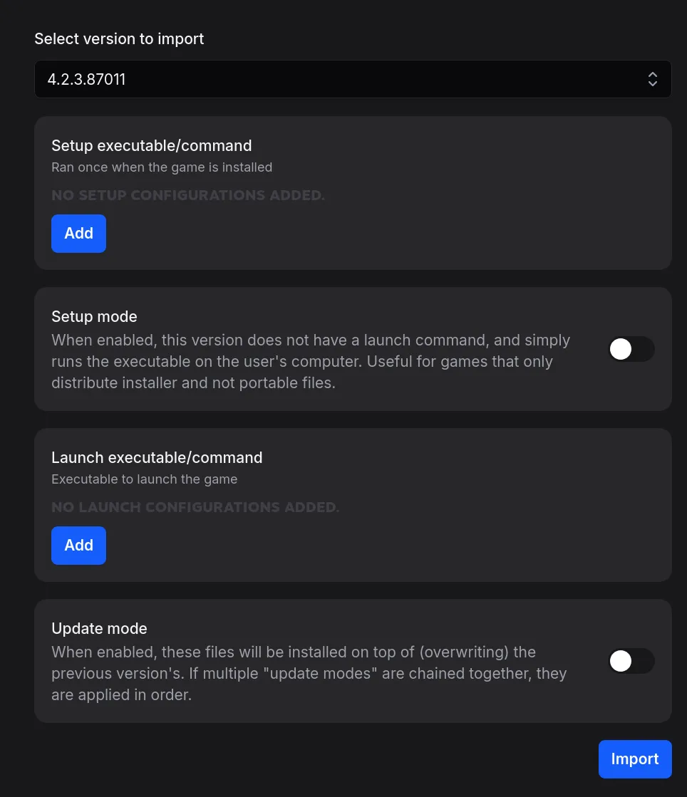 Version import wizard for an example game